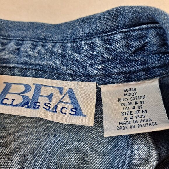 Vintage 90’s Denim Dress Bea Classics Womens M Cottagecore Floral Embroidered - Picture 3 of 9